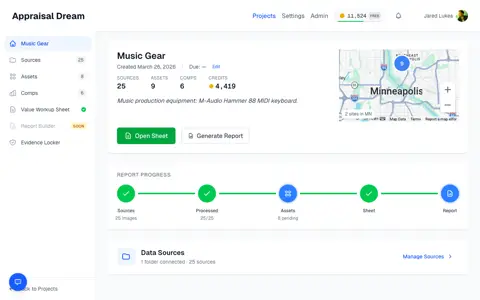 Appraisal Dream project detail: source/processed/assets/sheet/report stepper, asset map, credits ledger.