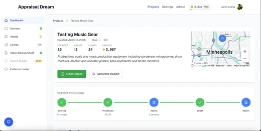 The Appraisal Dream project dashboard showing each AI stage of a report